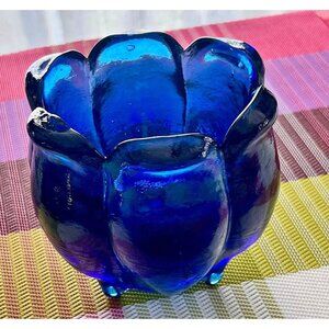 Tulip Shaped Flower Petals Cobalt Blue Tri Footed Glass Vase